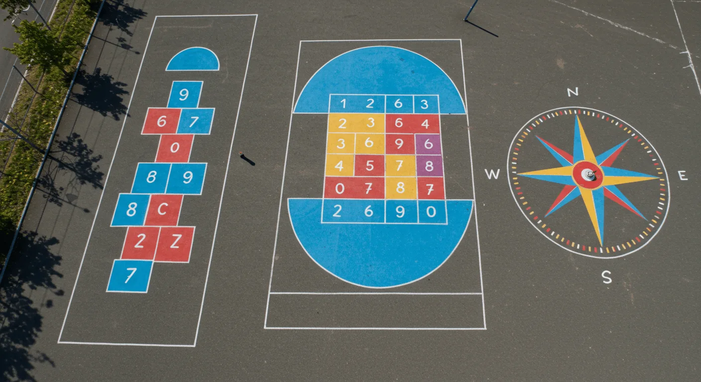 Colourful painted playground games on school asphalt in New Zealand