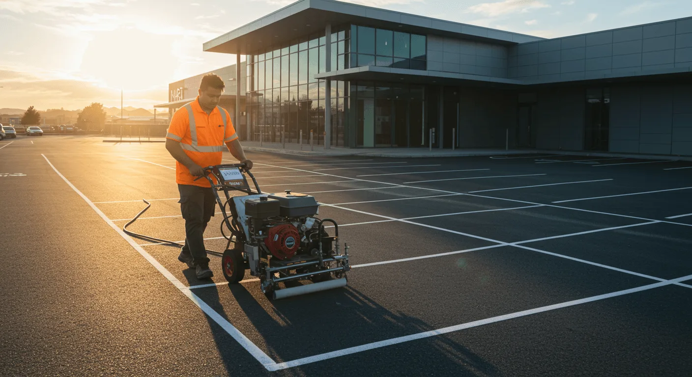 Professional line marking being applied to a clean asphalt car park