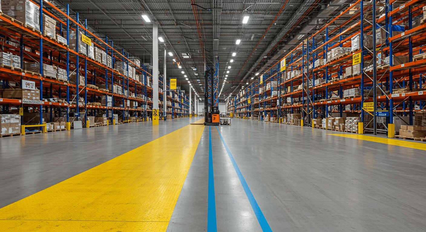Warehouse floor with clear pedestrian walkway and forklift lane markings