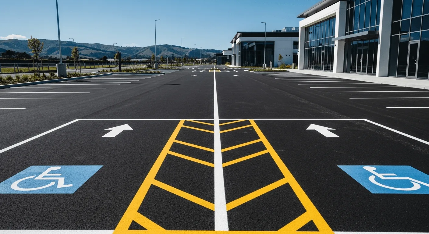 Professional car park line marking — clean white bays on asphalt