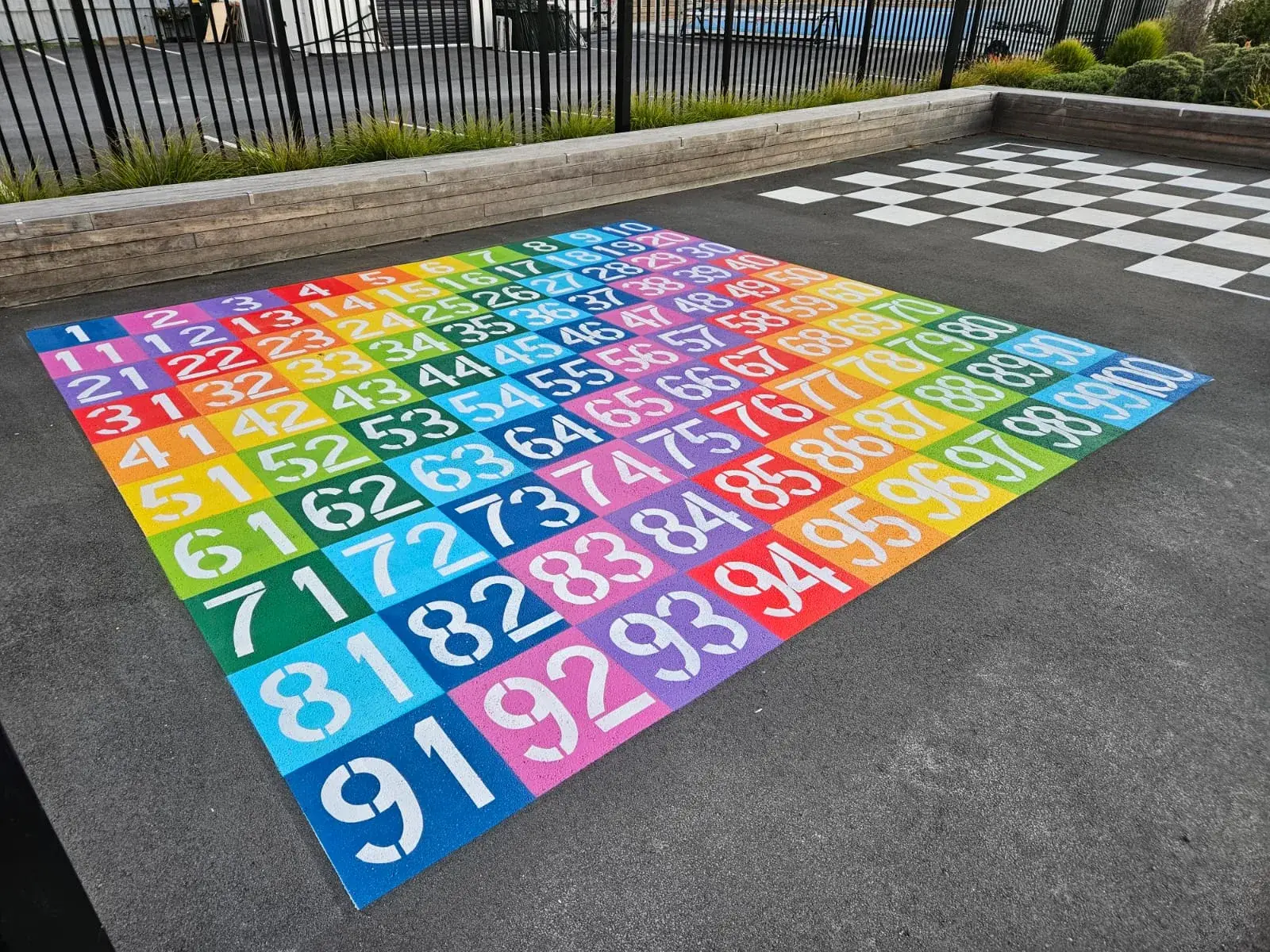 Rainbow coloured number grid 1 to 100 painted on school playground
