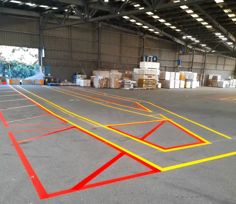 Warehouse red exclusion zones and yellow walkways around truck bays